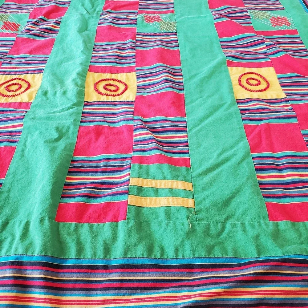 Block Square‎ Quilt Colorful Homemade 55X50 Patchwork Beading Africa Vibes